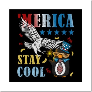 Merica Funny Eagle and Penguin with Fireworks Stay Cool Posters and Art